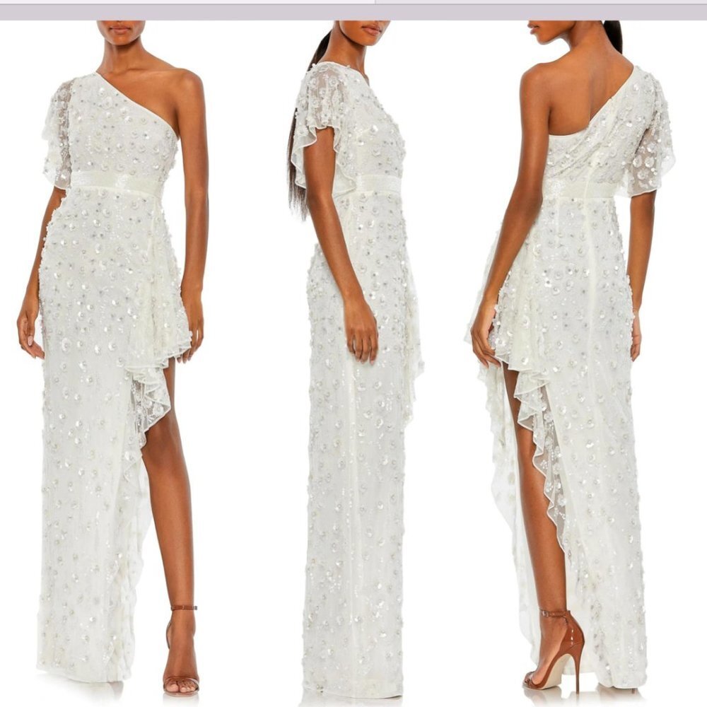 NWT $598 Mac Duggal [ 8 ] 3D Flowers One Shoulder Sequin Slit Gown in White Q302